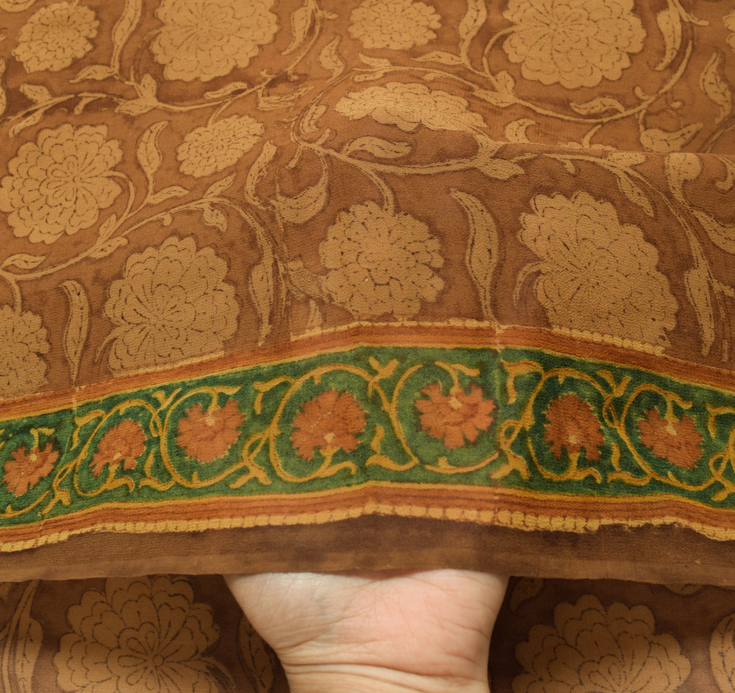 Sushila Vintage Saree 100% Pure Georgette Silk Printed Brown Floral Craft Fabric