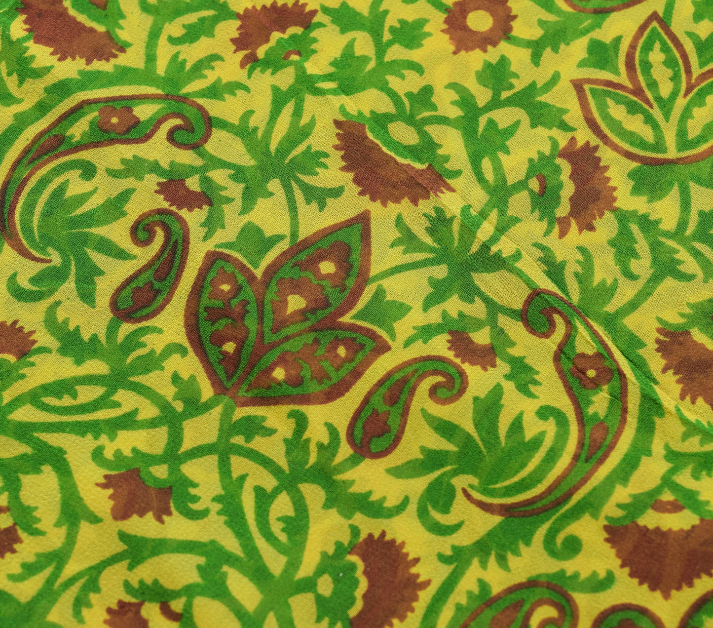 Sushila Vintage Saree Pure Georgette Silk Yellow Paisley Printed Craft Fabric