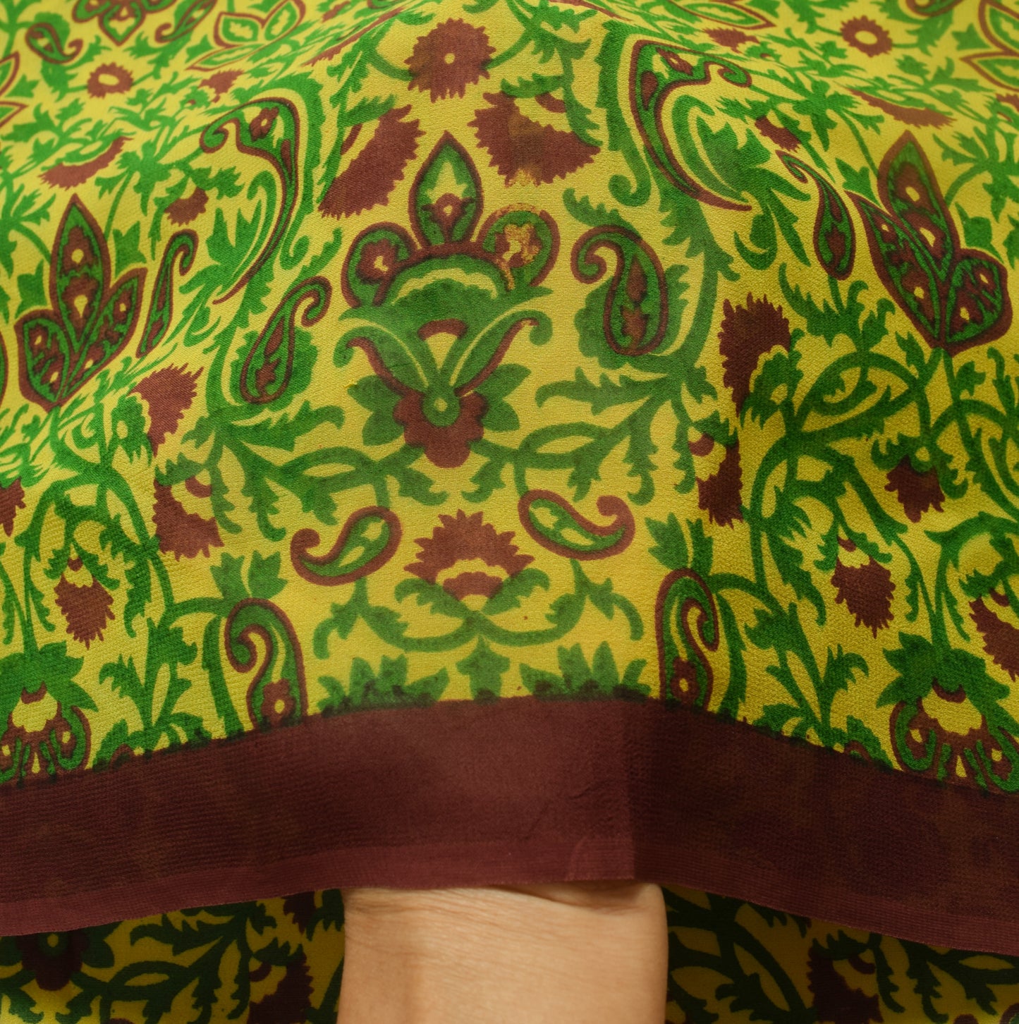 Sushila Vintage Saree Pure Georgette Silk Yellow Paisley Printed Craft Fabric