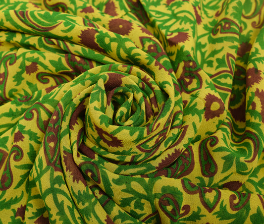 Sushila Vintage Saree Pure Georgette Silk Yellow Paisley Printed Craft Fabric
