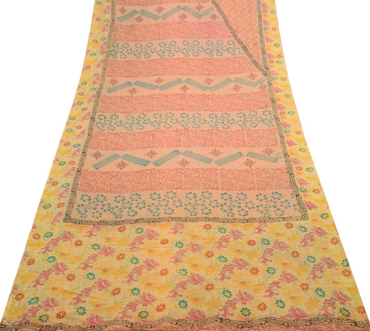 Sushila Vintage Saree 100%Pure Georgette Silk Printed Indian Floral Craft Fabric