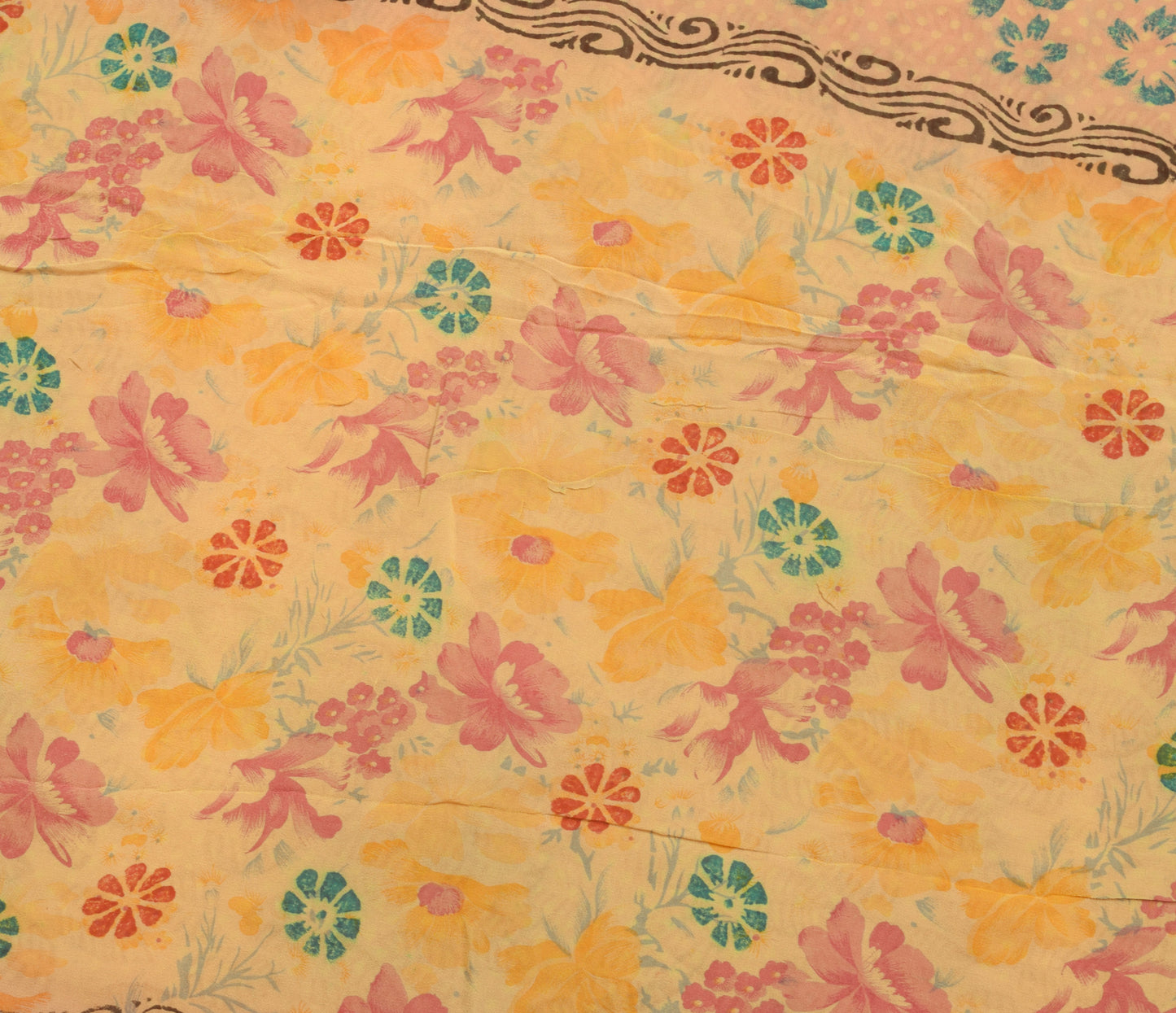 Sushila Vintage Saree 100%Pure Georgette Silk Printed Indian Floral Craft Fabric