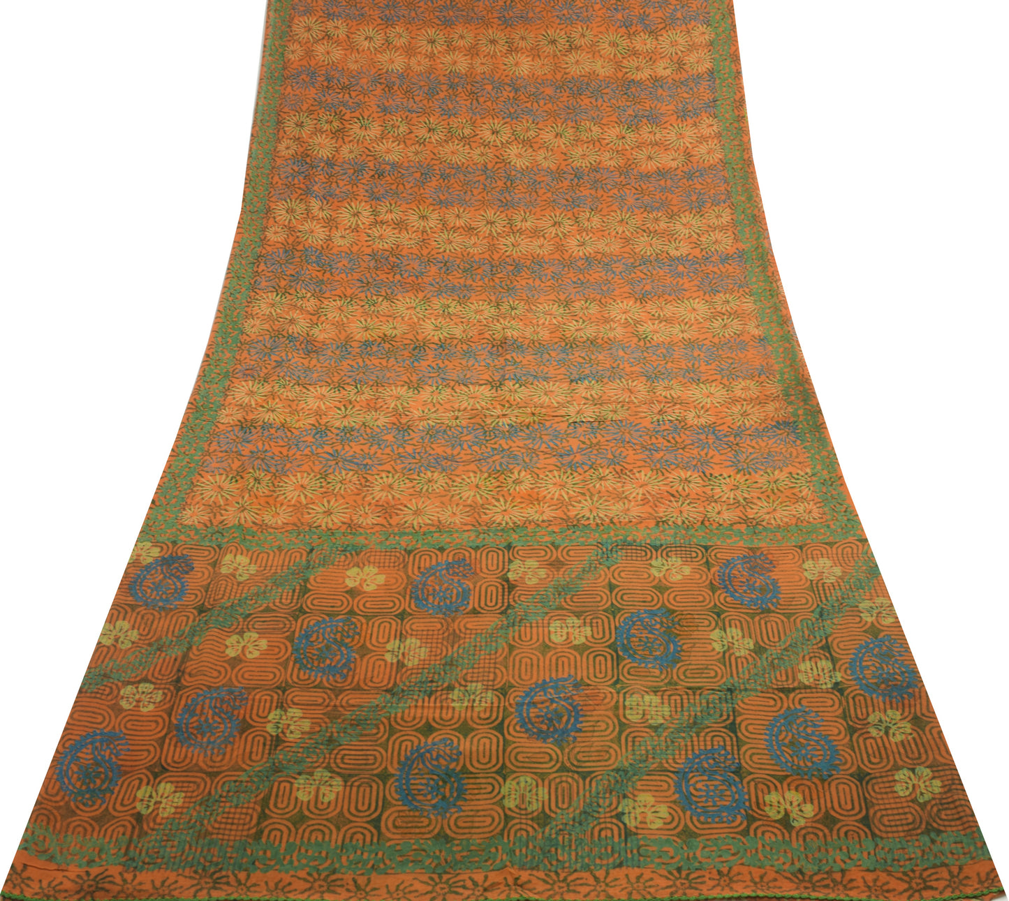 Sushila Vintage Saree 100% Pure Georgette Silk Printed Rust Floral Craft Fabric