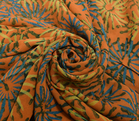 Sushila Vintage Saree 100% Pure Georgette Silk Printed Rust Floral Craft Fabric