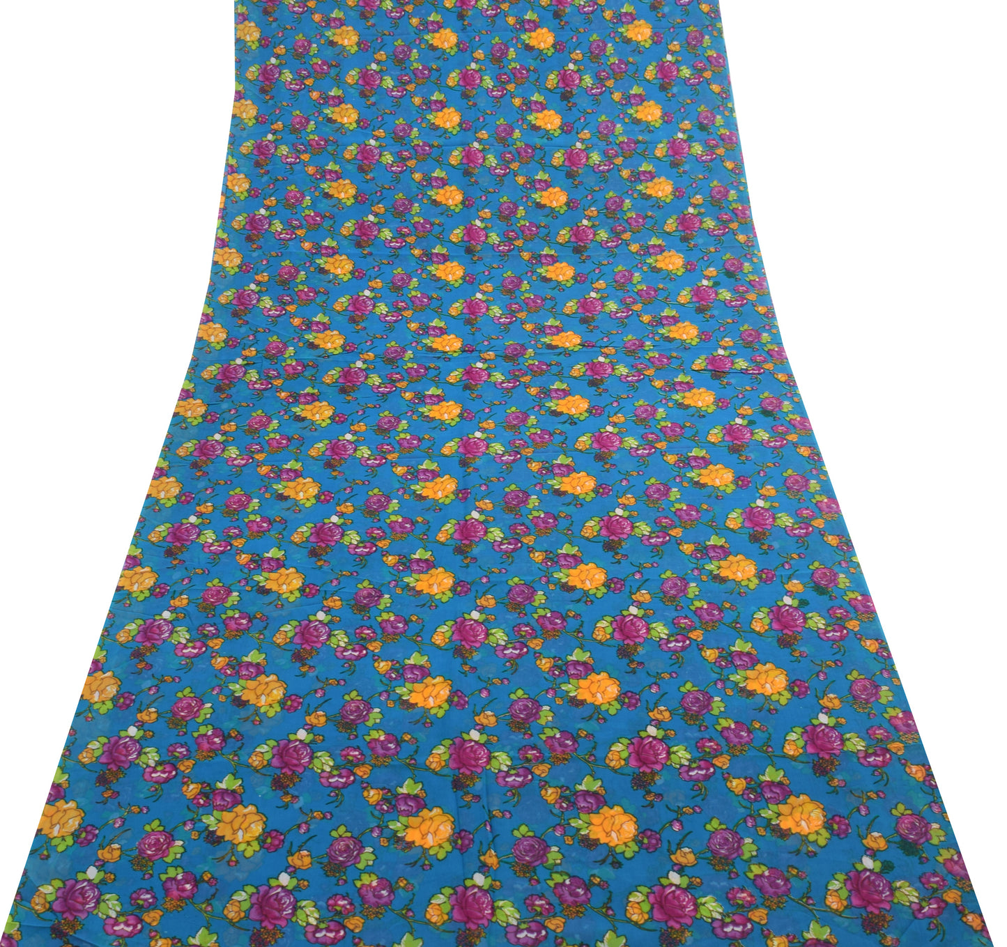 Sushila Vintage Blue Saree 100% Pure Georgette Silk Printed Craft Floral Fabric