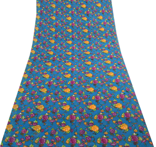 Sushila Vintage Saree Pure Georgette Printed Turquoise Blue Floral Craft Fabric