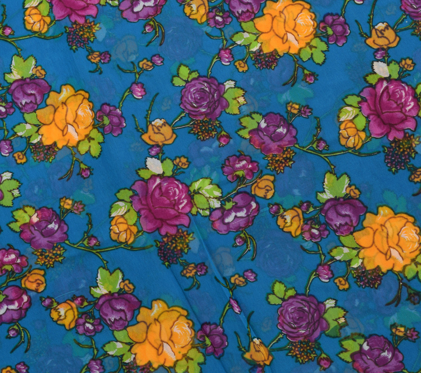 Sushila Vintage Blue Saree 100% Pure Georgette Silk Printed Craft Floral Fabric