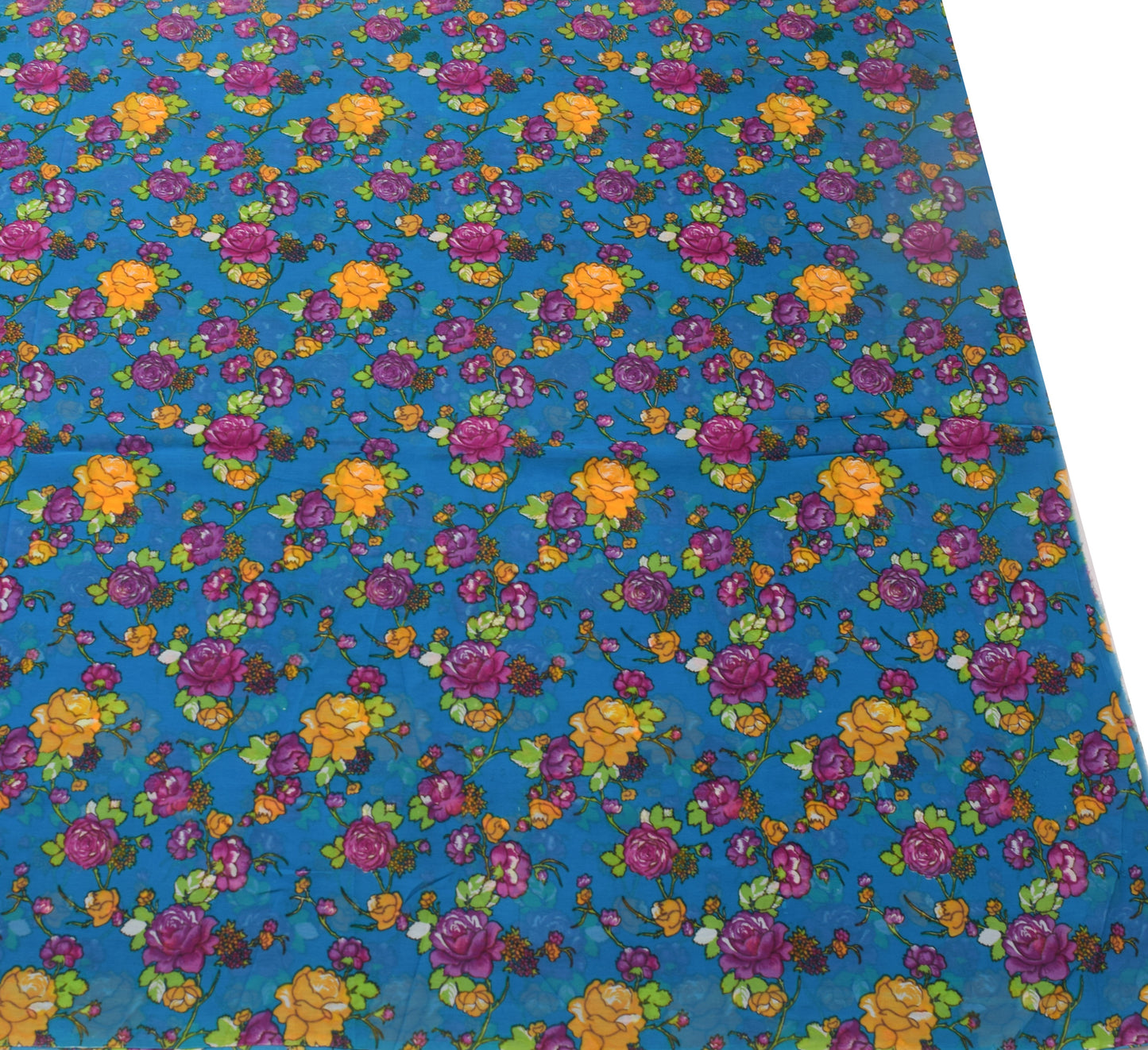 Sushila Vintage Saree Pure Georgette Printed Turquoise Blue Floral Craft Fabric