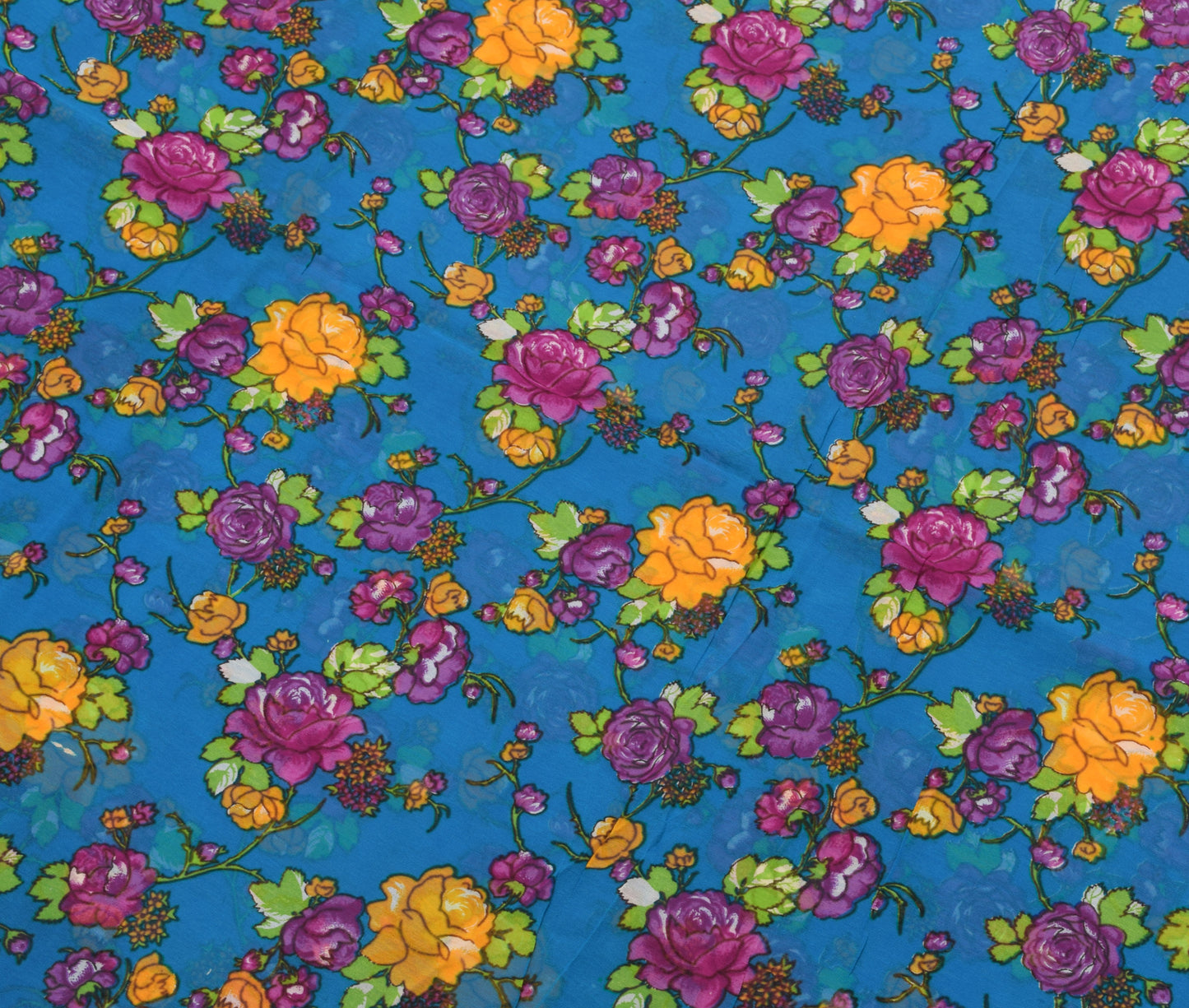 Sushila Vintage Blue Saree 100% Pure Georgette Silk Printed Craft Floral Fabric