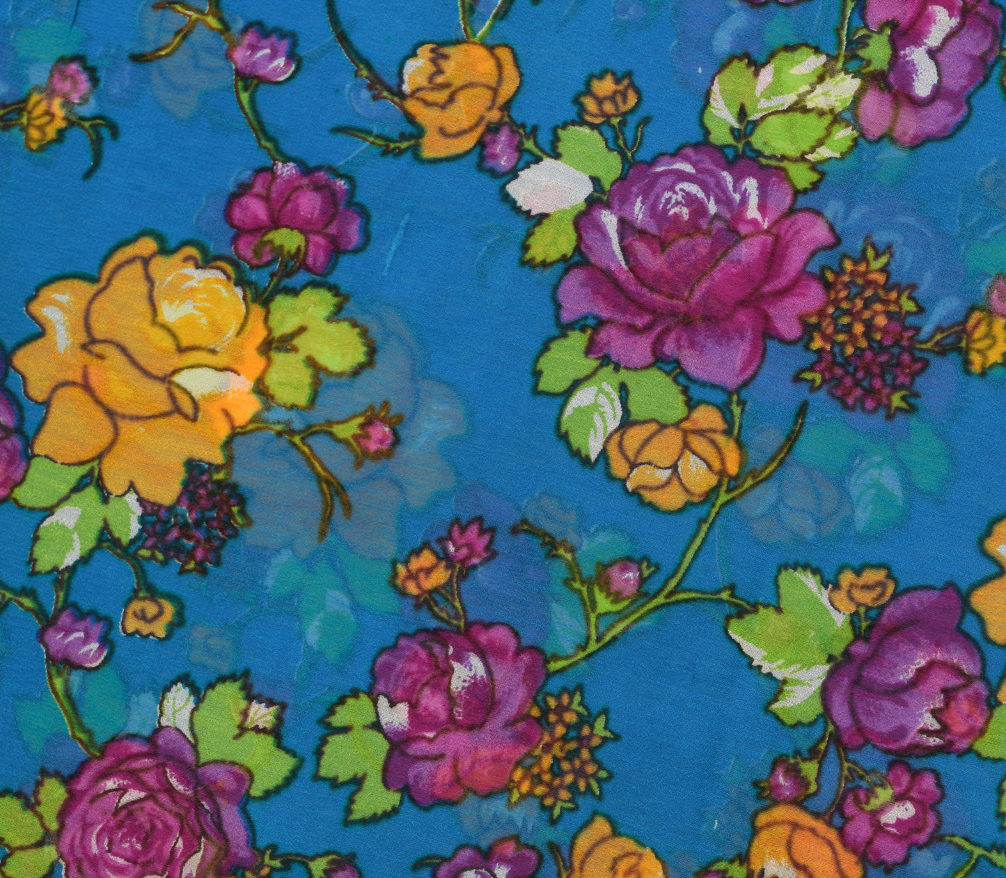 Sushila Vintage Blue Saree 100% Pure Georgette Silk Printed Craft Floral Fabric