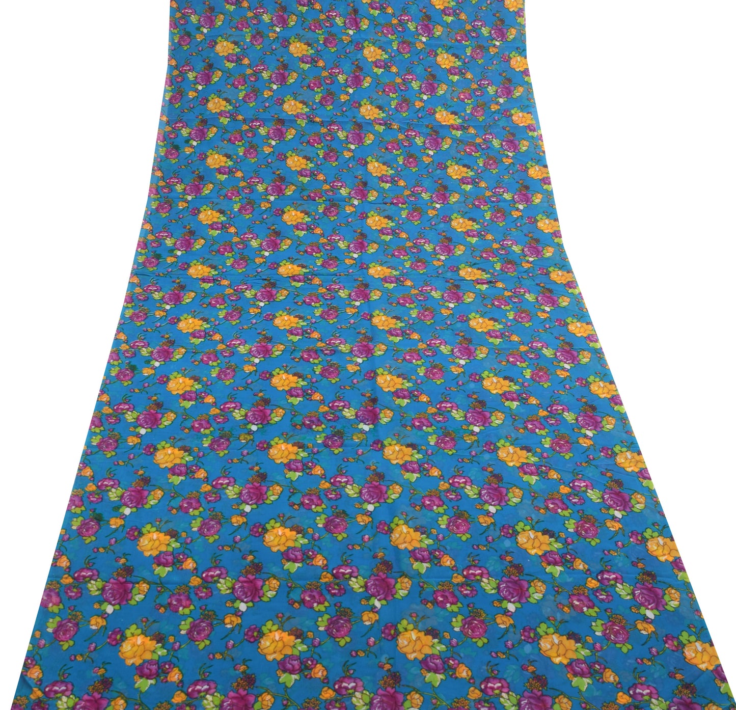 Sushila Vintage Blue Saree 100% Pure Georgette Silk Printed Craft Floral Fabric