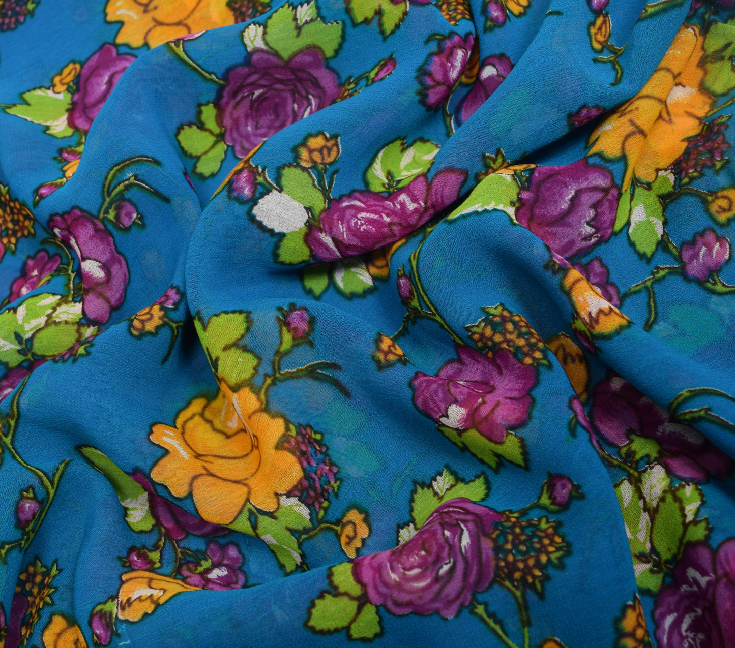Sushila Vintage Blue Saree 100% Pure Georgette Silk Printed Craft Floral Fabric
