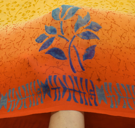 Sushila Vintage Saree 100%Pure Georgette Silk Printed Yellow Floral Craft Fabric