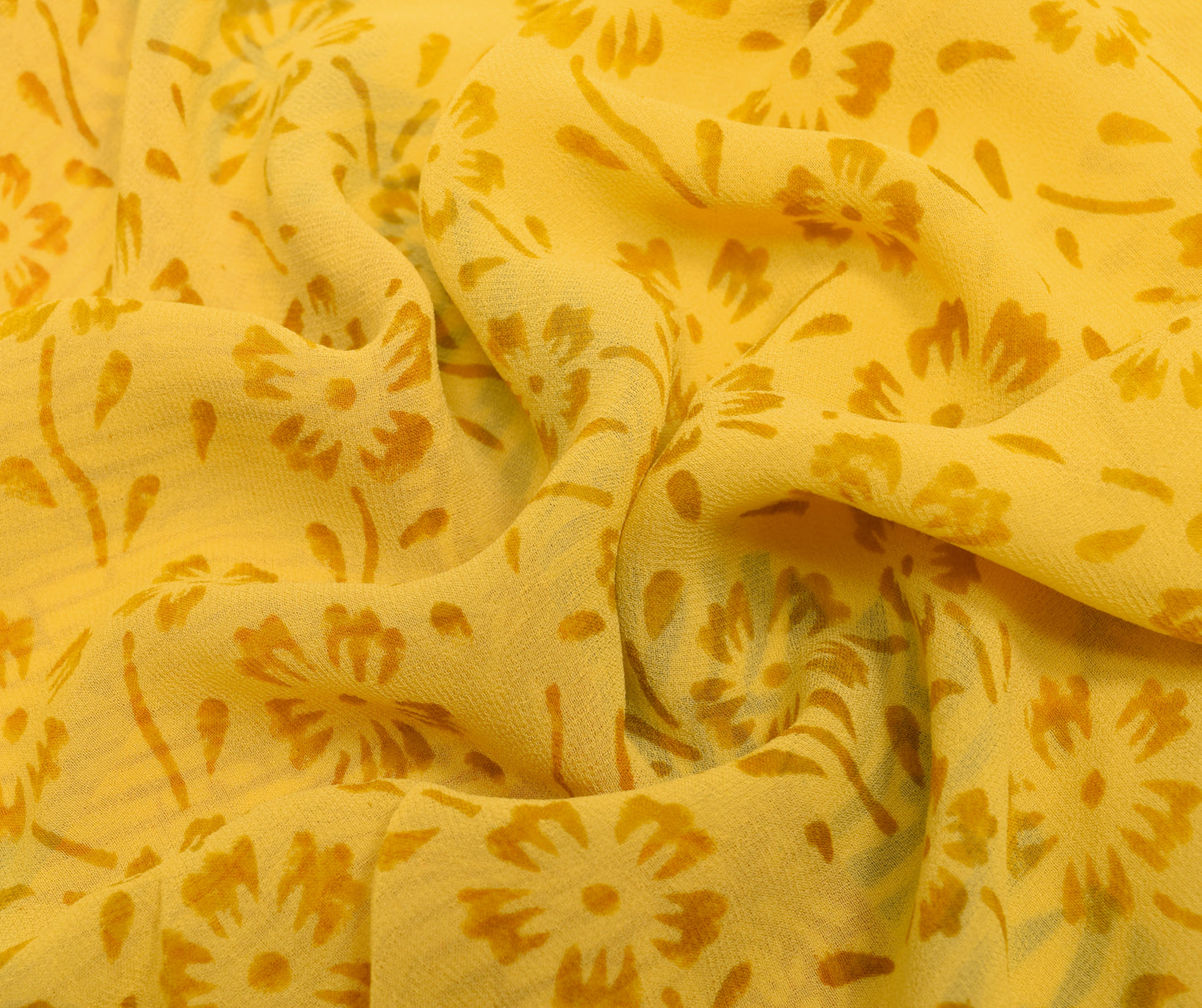Sushila Vintage Saree 100%Pure Georgette Silk Printed Yellow Floral Craft Fabric