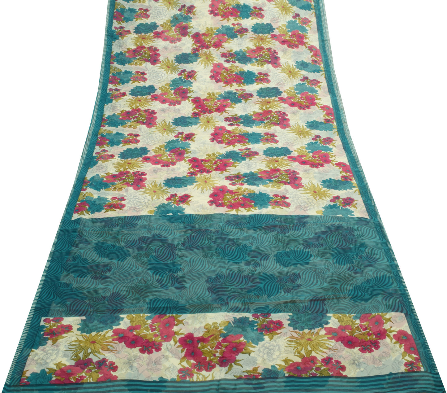 Sushila Vintage Floral Cream Saree 100% Pure Georgette Silk Printed Craft Fabric