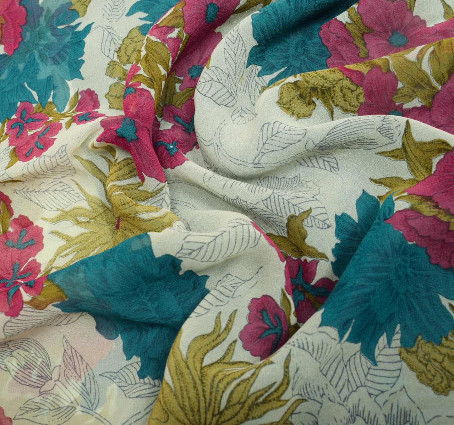 Sushila Vintage Floral Cream Saree 100% Pure Georgette Silk Printed Craft Fabric