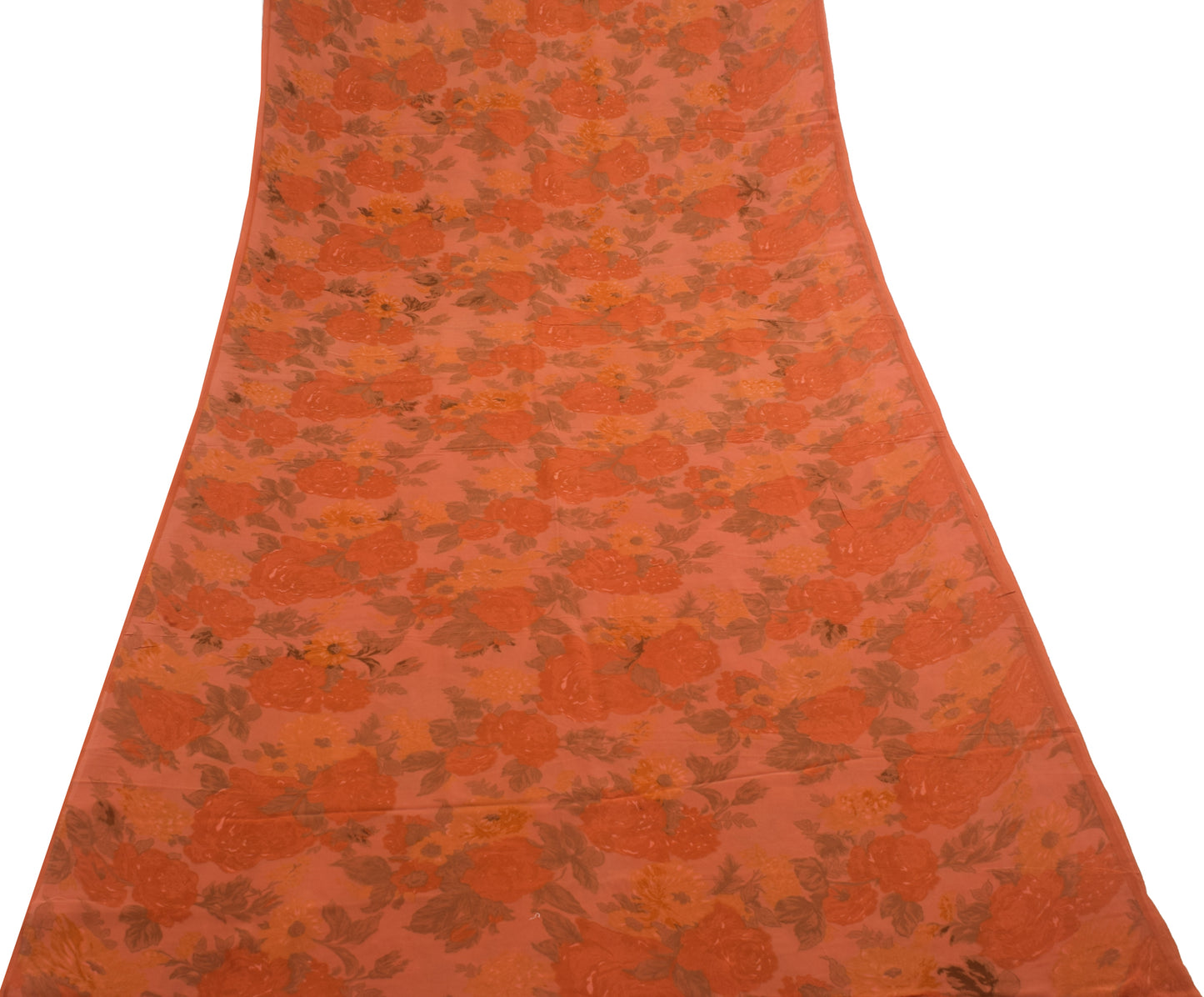 Sushila Vintage Saree 100% Pure Georgette Silk Printed Rust Floral Craft Fabric
