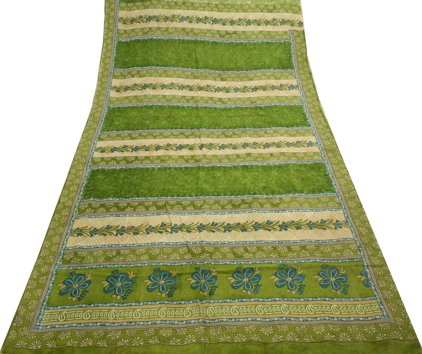 Sushila Vintage Saree 100% Pure Georgette Silk Printed Floral Green Craft Fabric