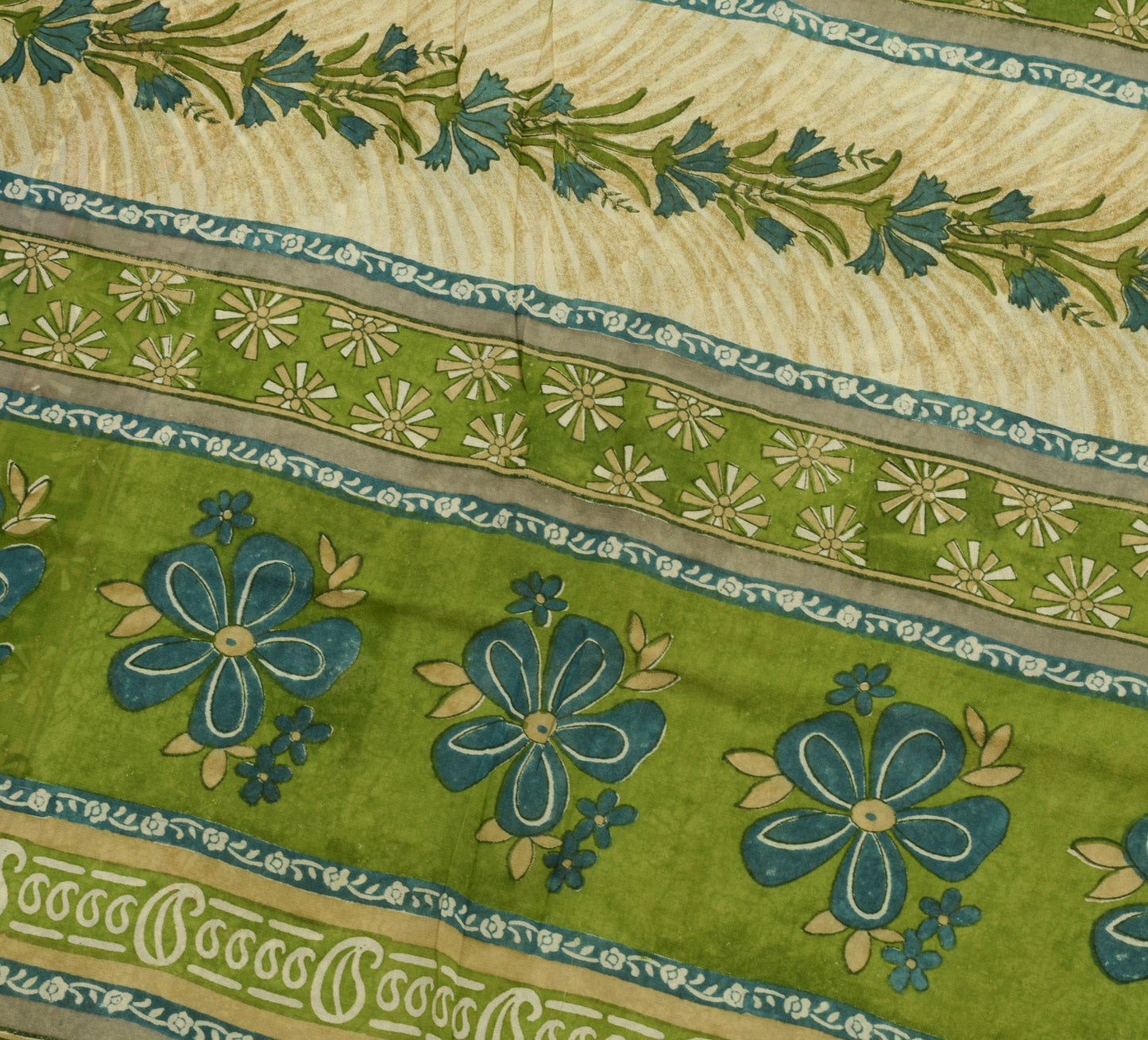 Sushila Vintage Saree 100% Pure Georgette Silk Printed Floral Green Craft Fabric