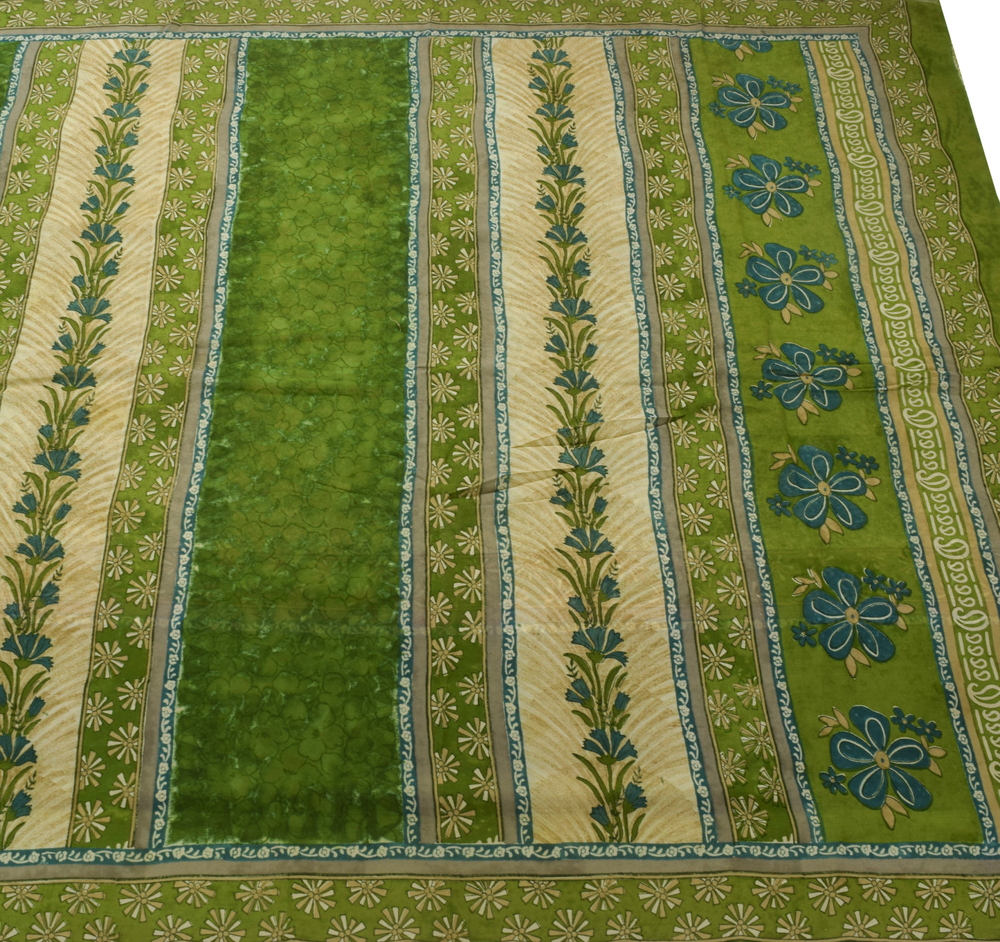 Sushila Vintage Saree 100% Pure Georgette Silk Printed Floral Green Craft Fabric