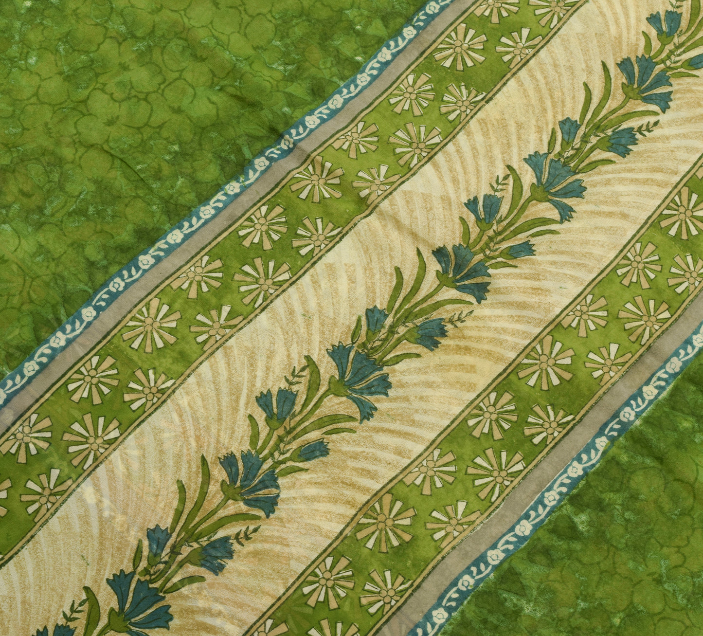 Sushila Vintage Saree 100% Pure Georgette Silk Printed Floral Green Craft Fabric