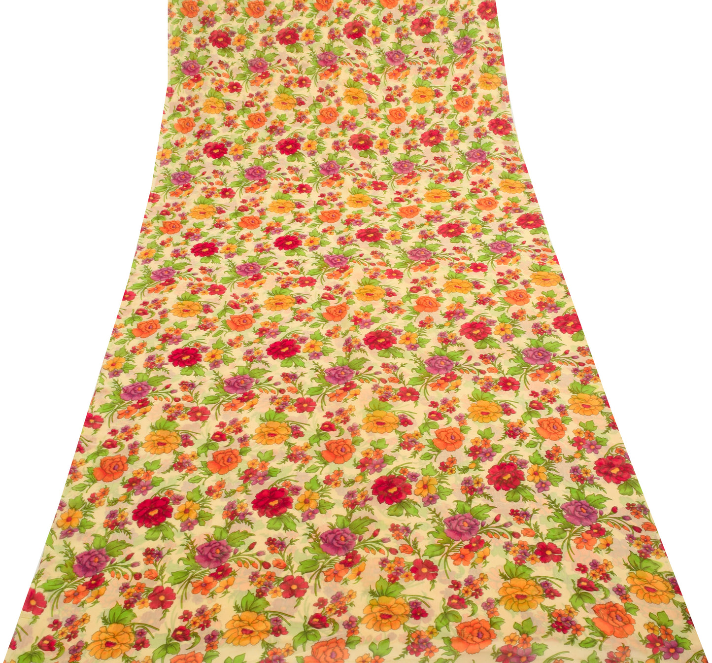 Sushila Vintage Saree Pure Georgette Printed Light Yellow Floral Craft Fabric