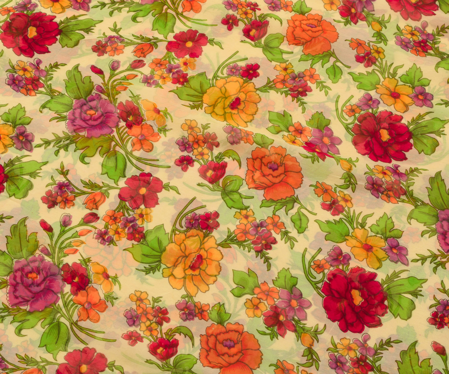 Sushila Vintage Saree Pure Georgette Printed Light Yellow Floral Craft Fabric