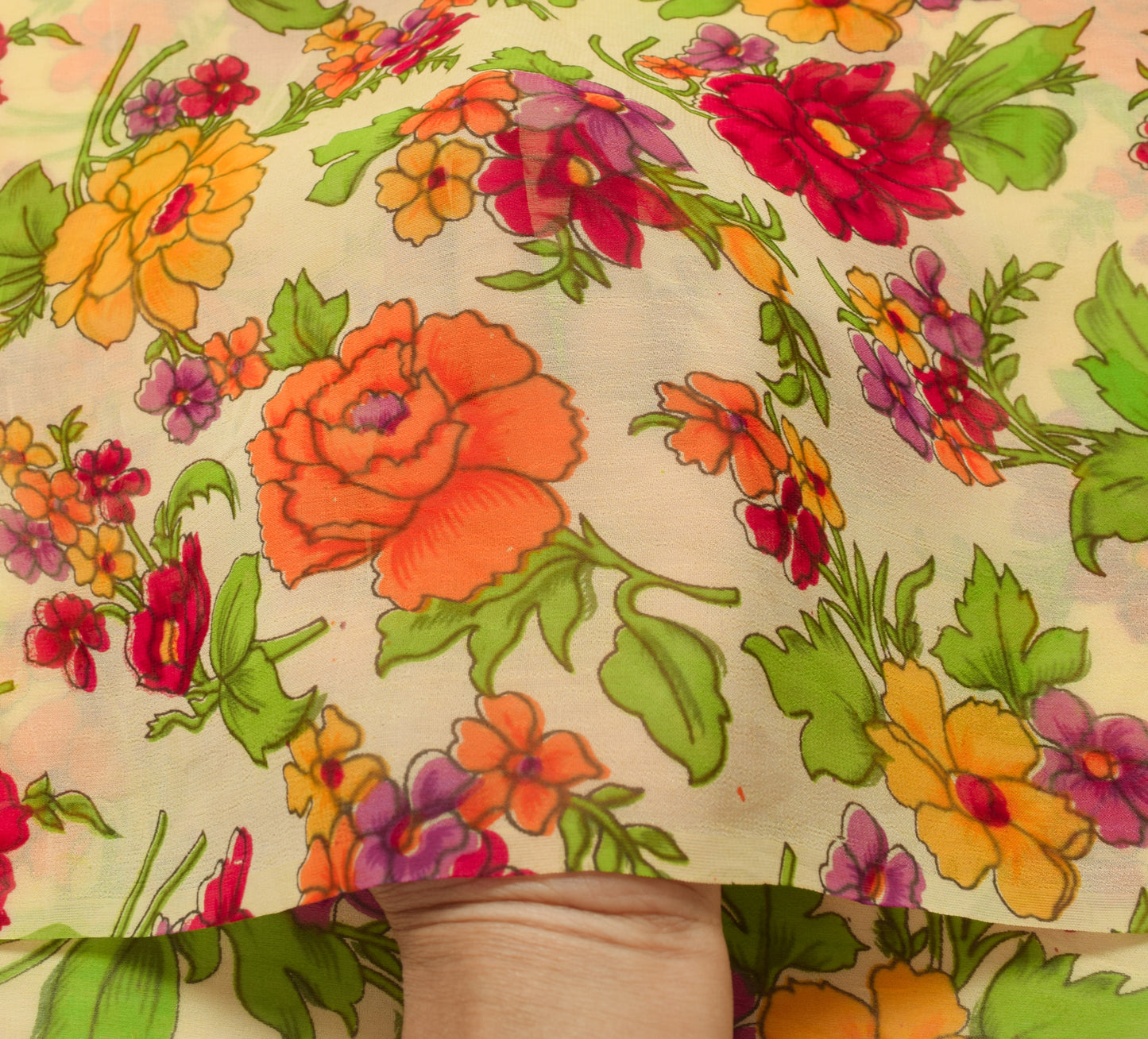 Sushila Vintage Saree Pure Georgette Printed Light Yellow Floral Craft Fabric