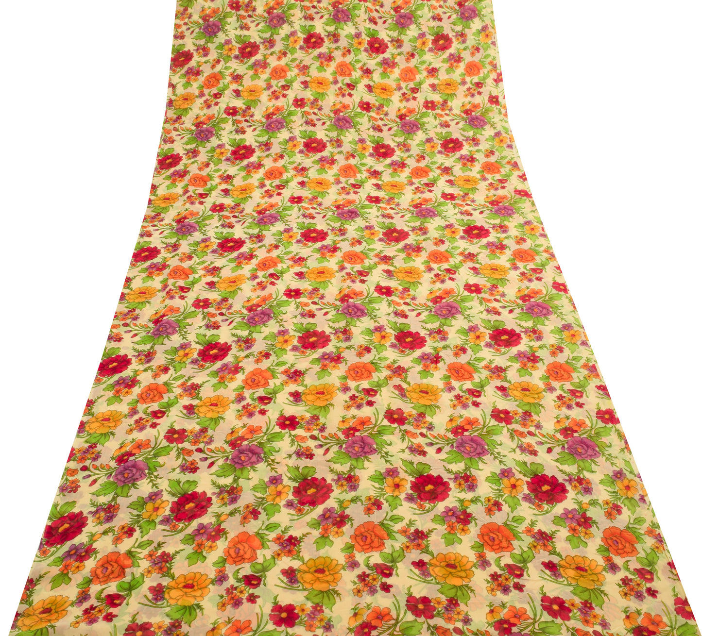 Sushila Vintage Saree Pure Georgette Printed Light Yellow Floral Craft Fabric