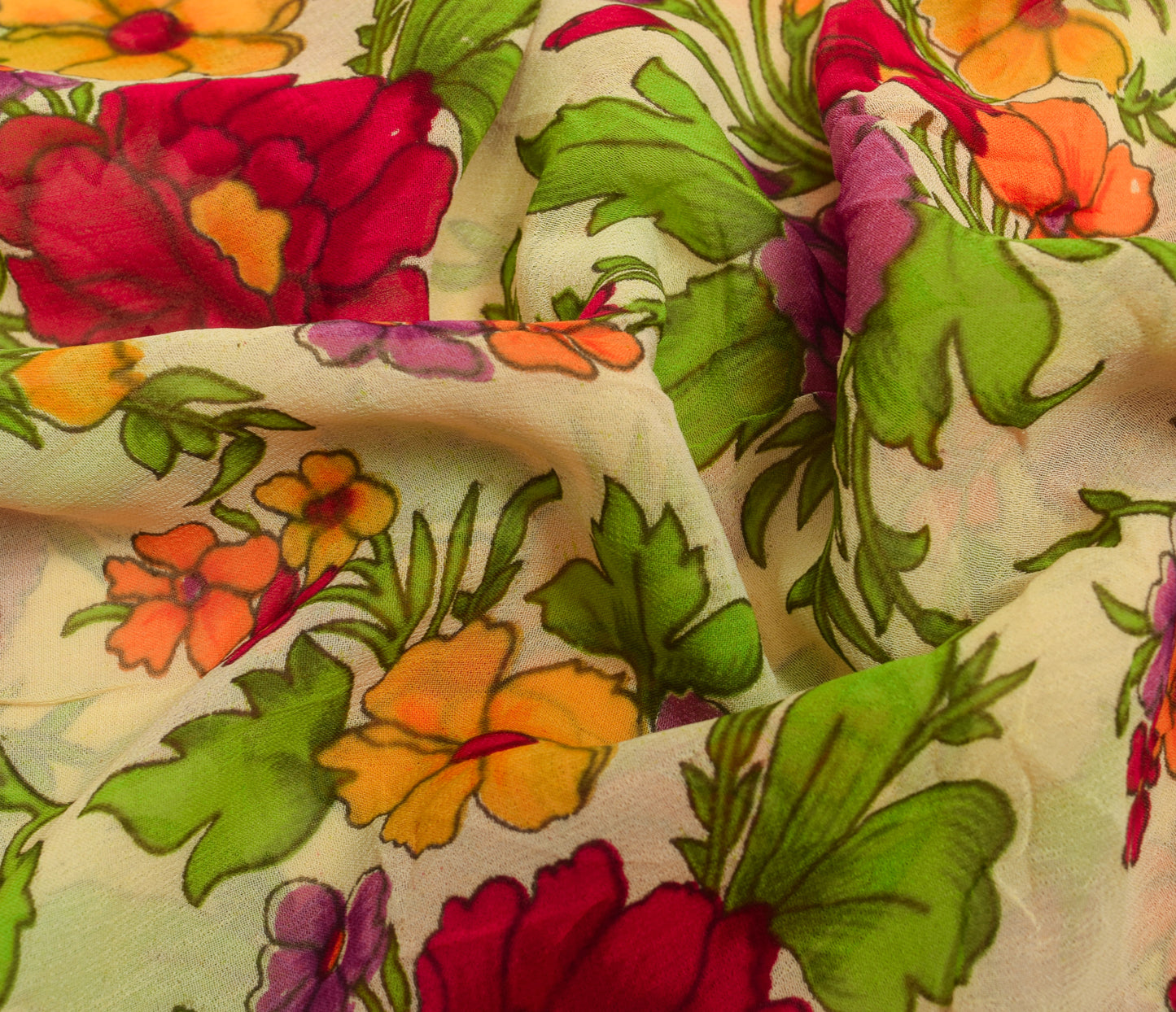 Sushila Vintage Saree Pure Georgette Printed Light Yellow Floral Craft Fabric