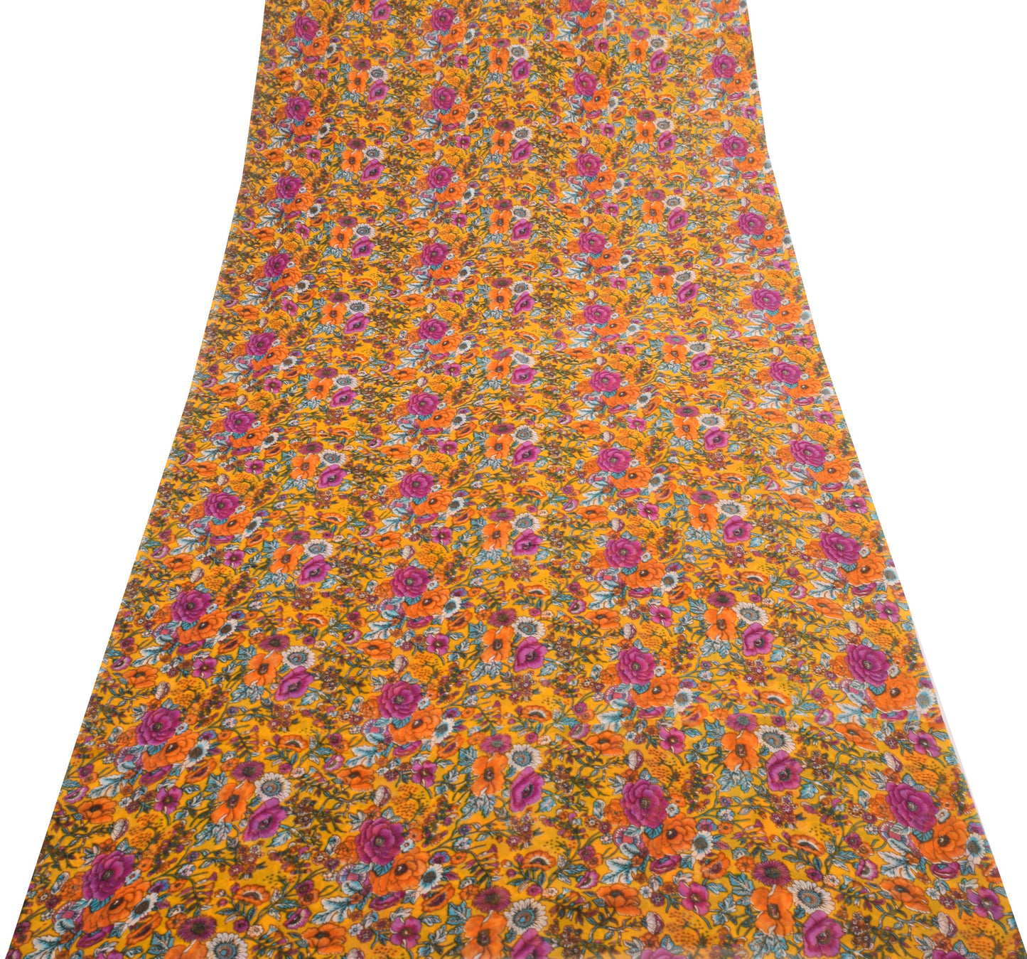 Sushila Vintage Yellow Floral Saree 100%Pure Georgette Silk Printed Craft Fabric