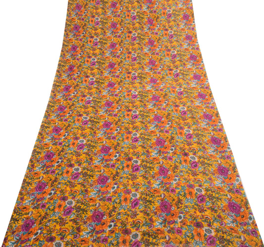 Sushila Vintage Yellow Floral Saree 100%Pure Georgette Silk Printed Craft Fabric