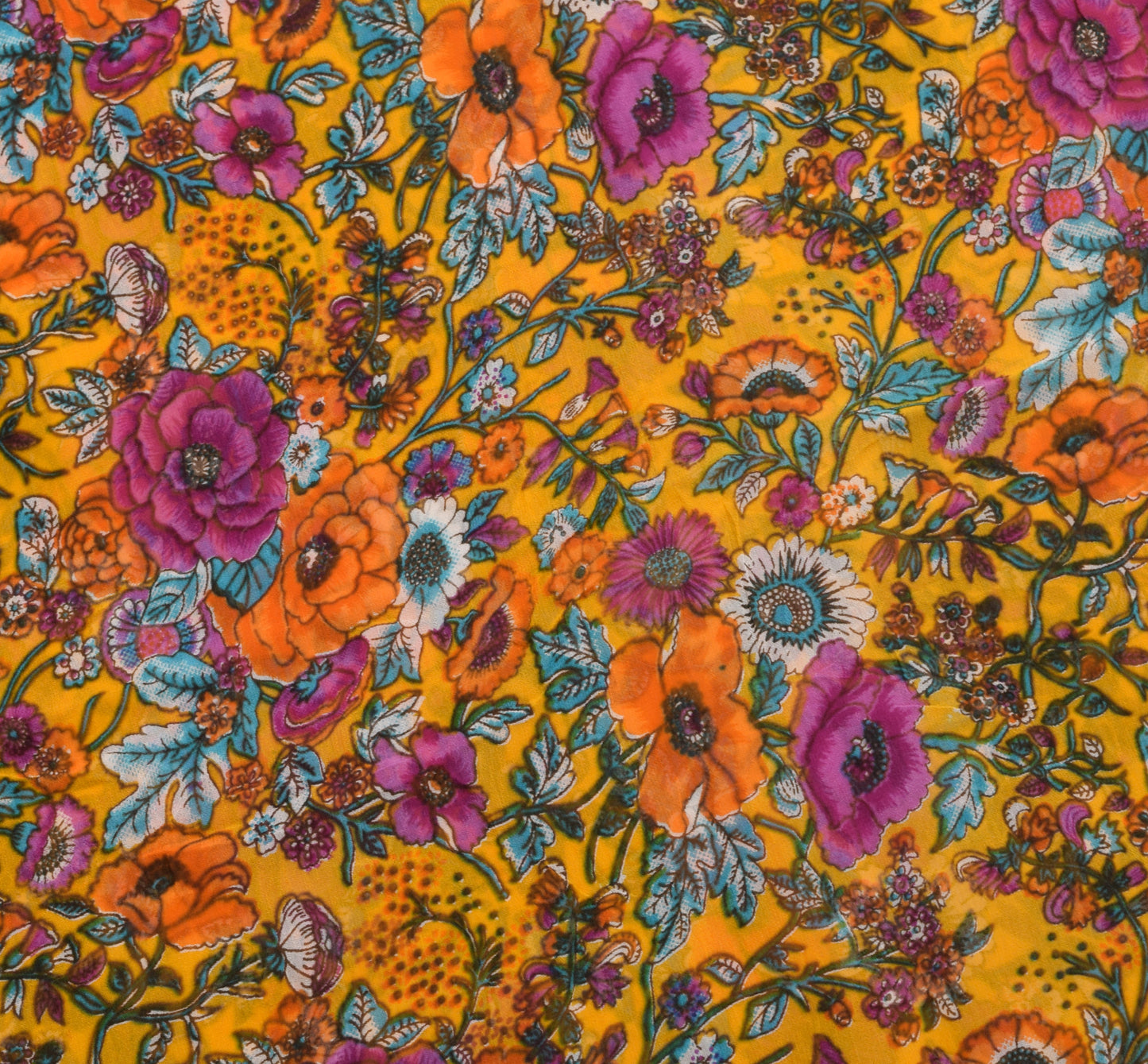 Sushila Vintage Yellow Floral Saree 100%Pure Georgette Silk Printed Craft Fabric