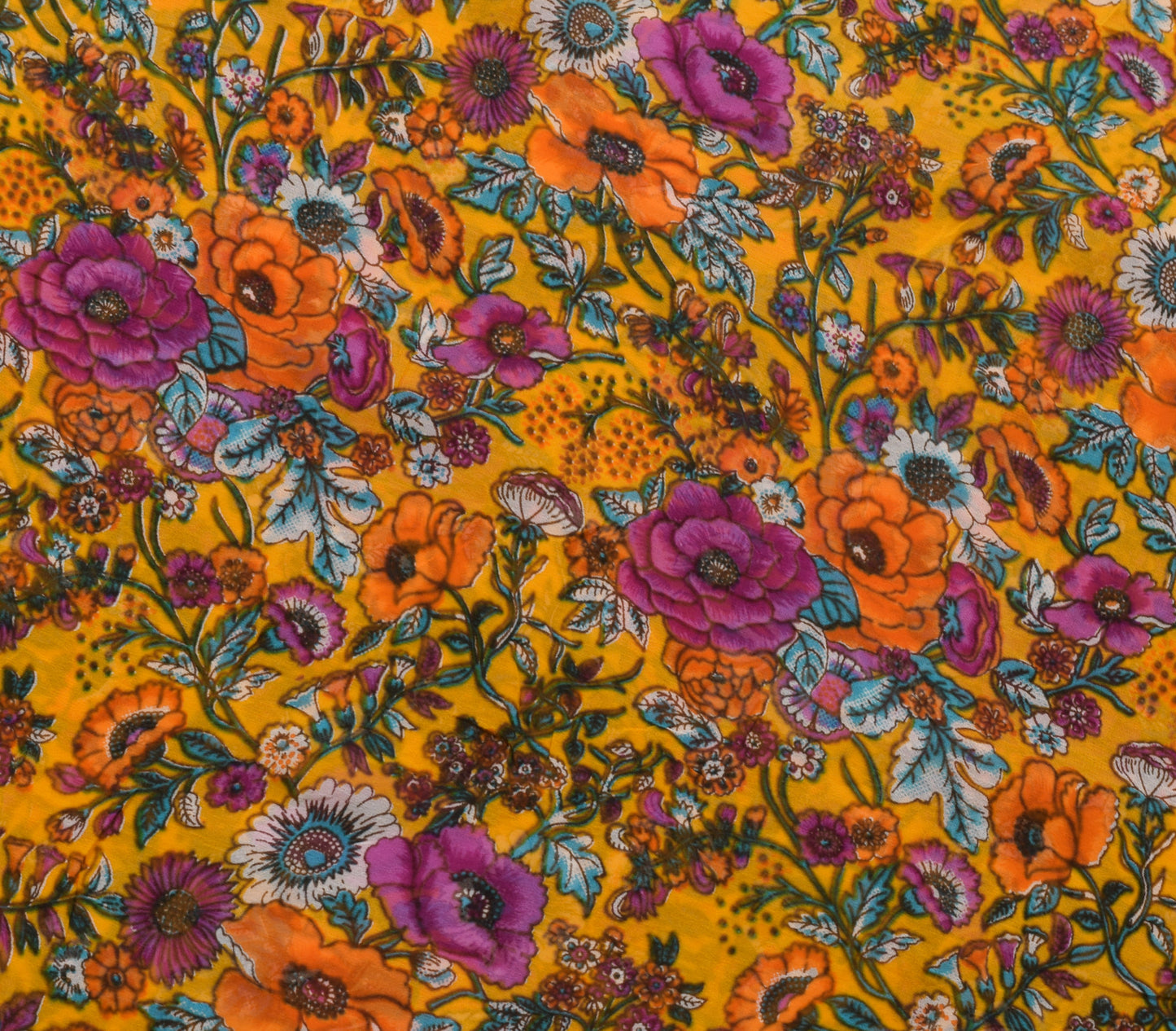 Sushila Vintage Yellow Floral Saree 100%Pure Georgette Silk Printed Craft Fabric