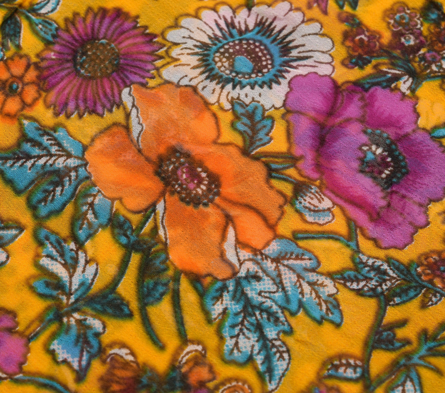 Sushila Vintage Yellow Floral Saree 100%Pure Georgette Silk Printed Craft Fabric