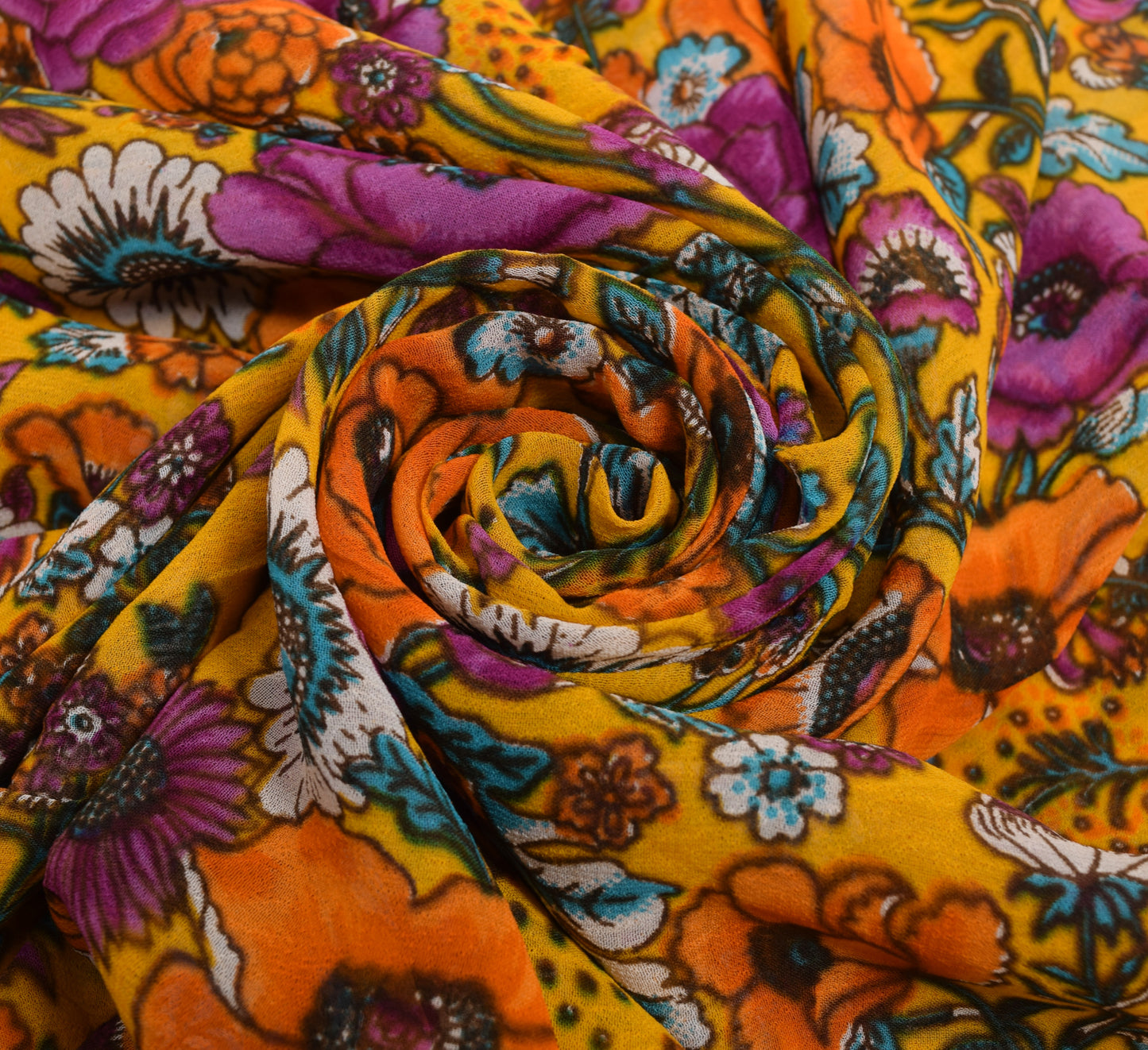 Sushila Vintage Yellow Floral Saree 100%Pure Georgette Silk Printed Craft Fabric