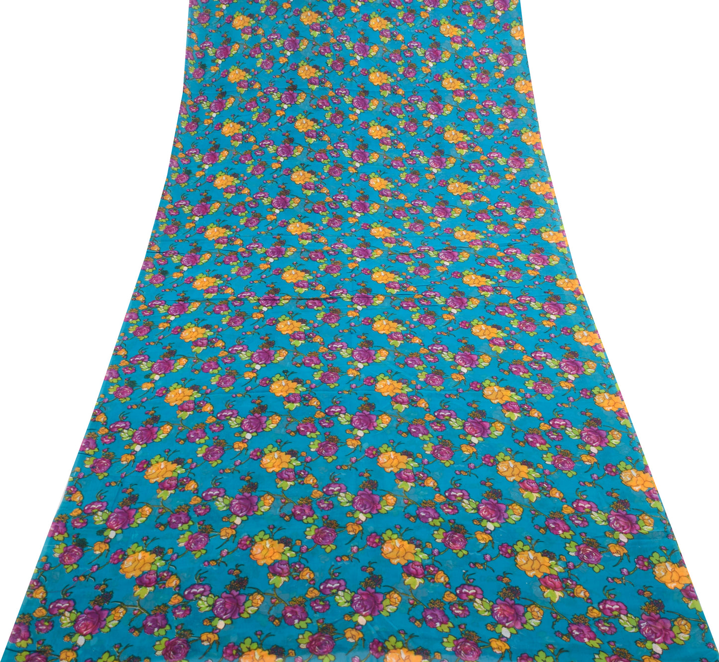 Sushila Vintage Saree 100% Pure Georgette Silk Printed Craft Blue Floral Fabric