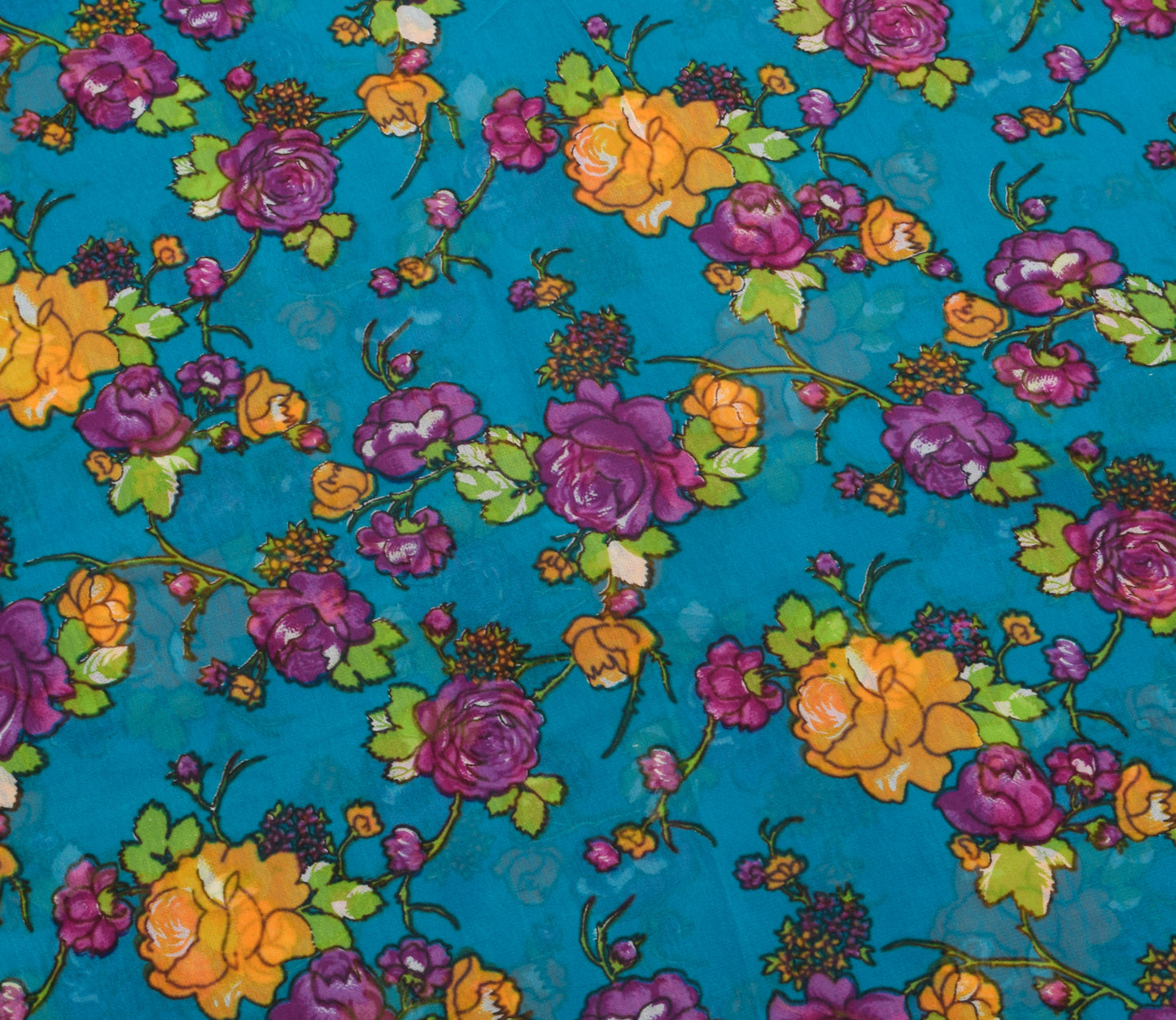 Sushila Vintage Saree 100% Pure Georgette Silk Printed Craft Blue Floral Fabric