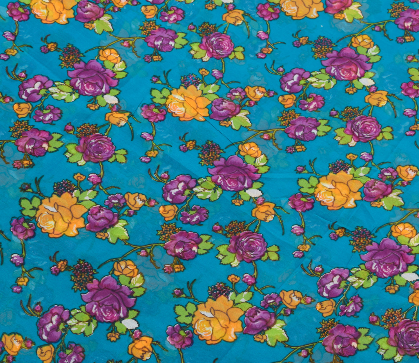 Sushila Vintage Saree 100% Pure Georgette Silk Printed Craft Blue Floral Fabric