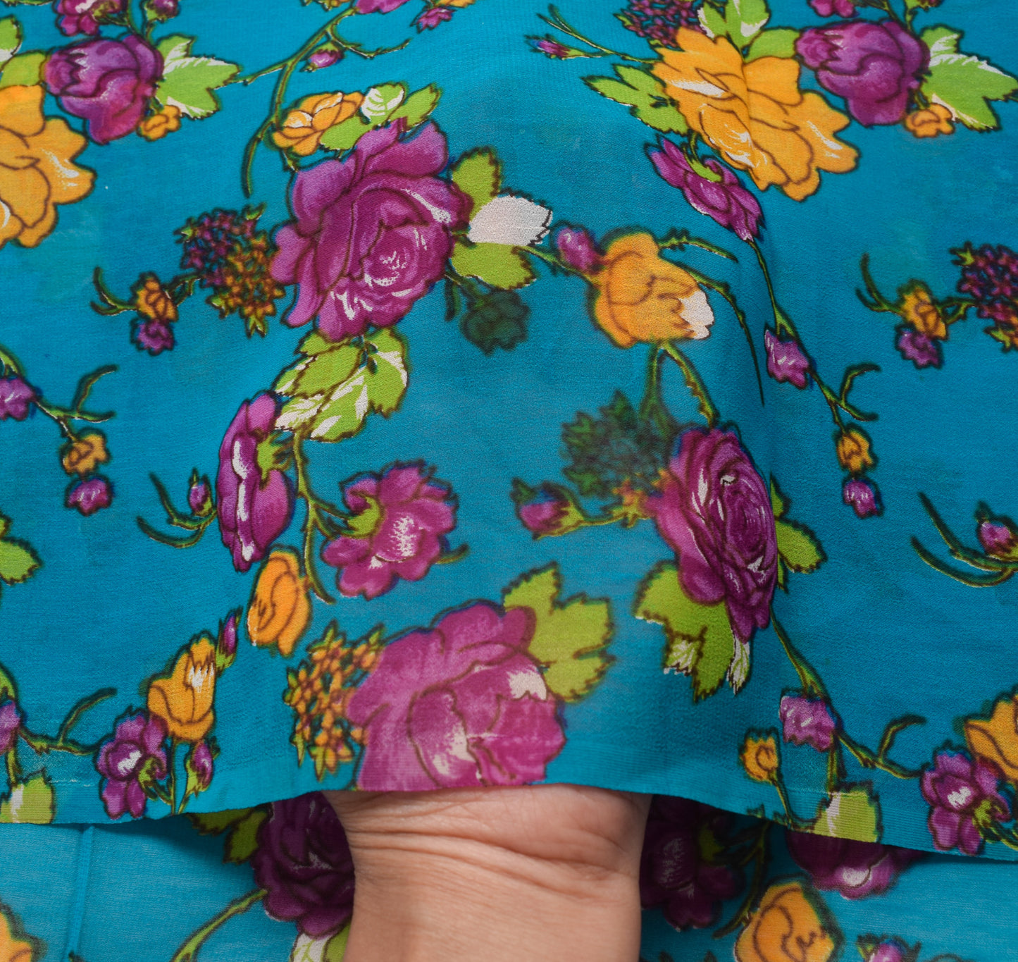 Sushila Vintage Saree 100% Pure Georgette Silk Printed Craft Blue Floral Fabric