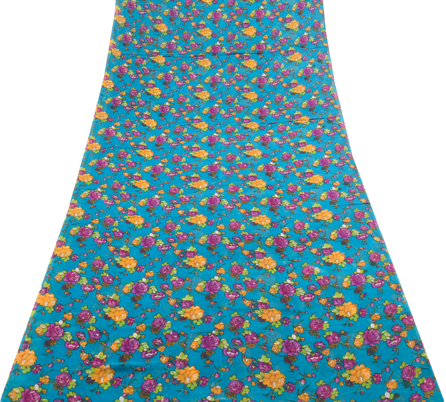 Sushila Vintage Saree 100% Pure Georgette Silk Printed Craft Blue Floral Fabric