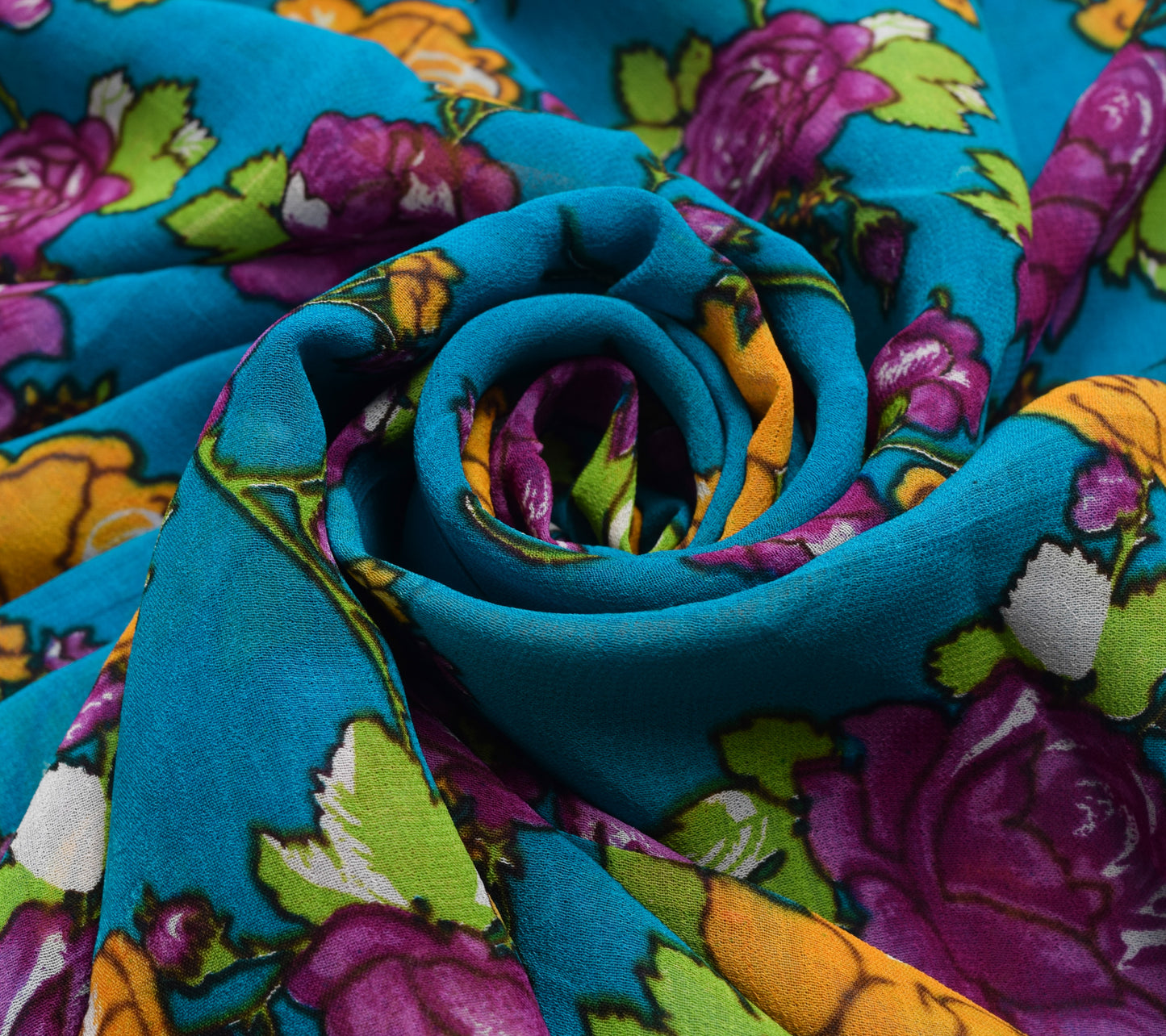 Sushila Vintage Saree 100% Pure Georgette Silk Printed Craft Blue Floral Fabric