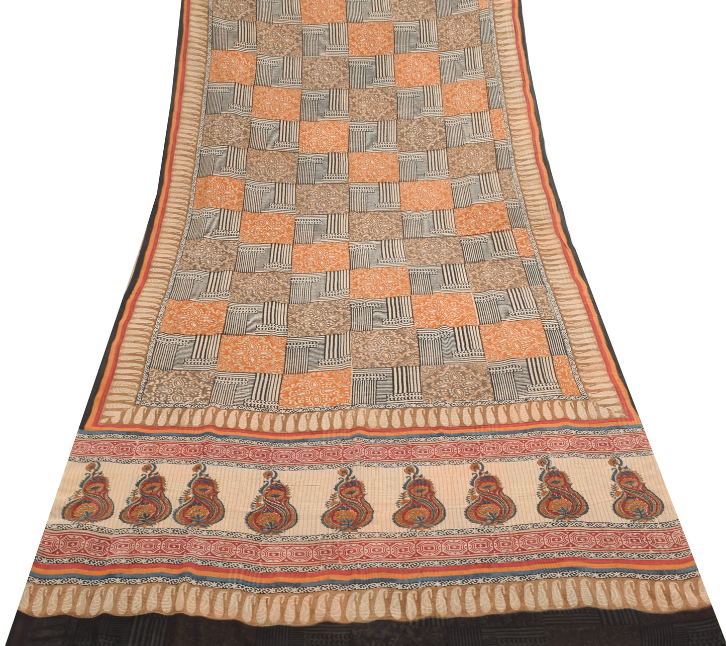 Sushila Vintage Saree 100% Pure Georgette Silk Hand Block Paisley Printed Fabric