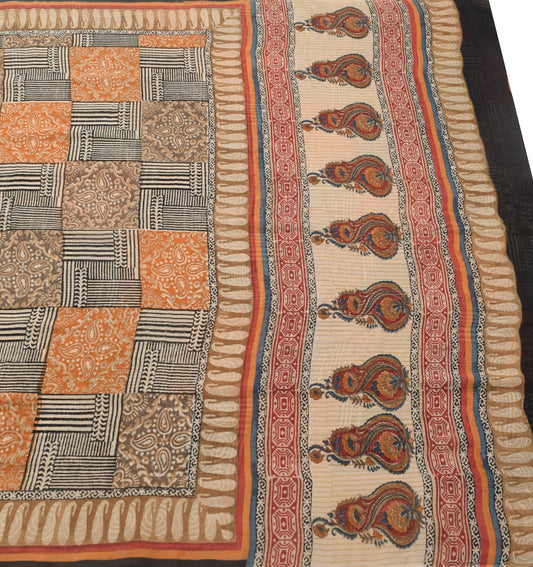 Sushila Vintage Saree 100% Pure Georgette Silk Hand Block Paisley Printed Fabric