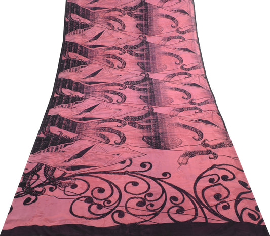 Sushila Vintage Pink & Black Saree 100% Pure Georgette Silk Printed Craft Fabric