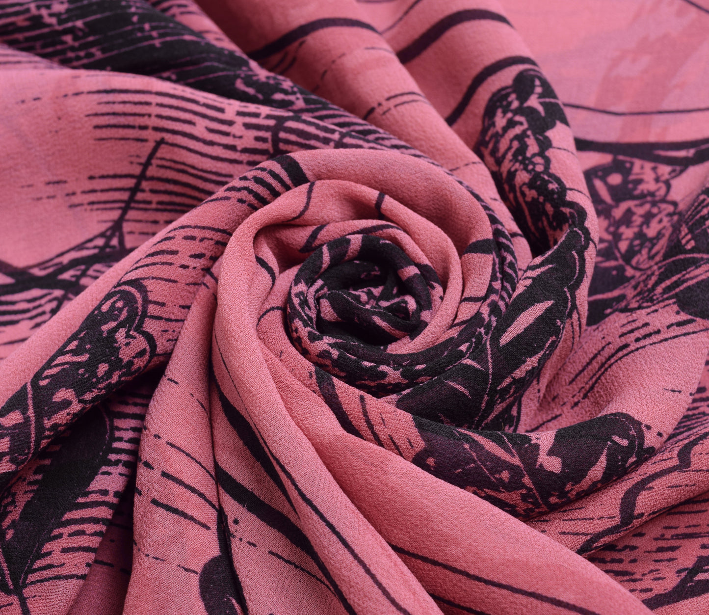 Sushila Vintage Pink & Black Saree 100% Pure Georgette Silk Printed Craft Fabric