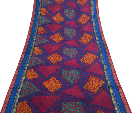 Sushila Vintage Magenta Saree 100% Pure Georgette Silk Printed 5 YD Craft Fabric