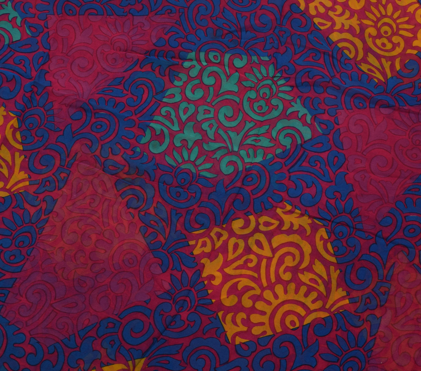 Sushila Vintage Magenta Saree 100% Pure Georgette Silk Printed 5 YD Craft Fabric