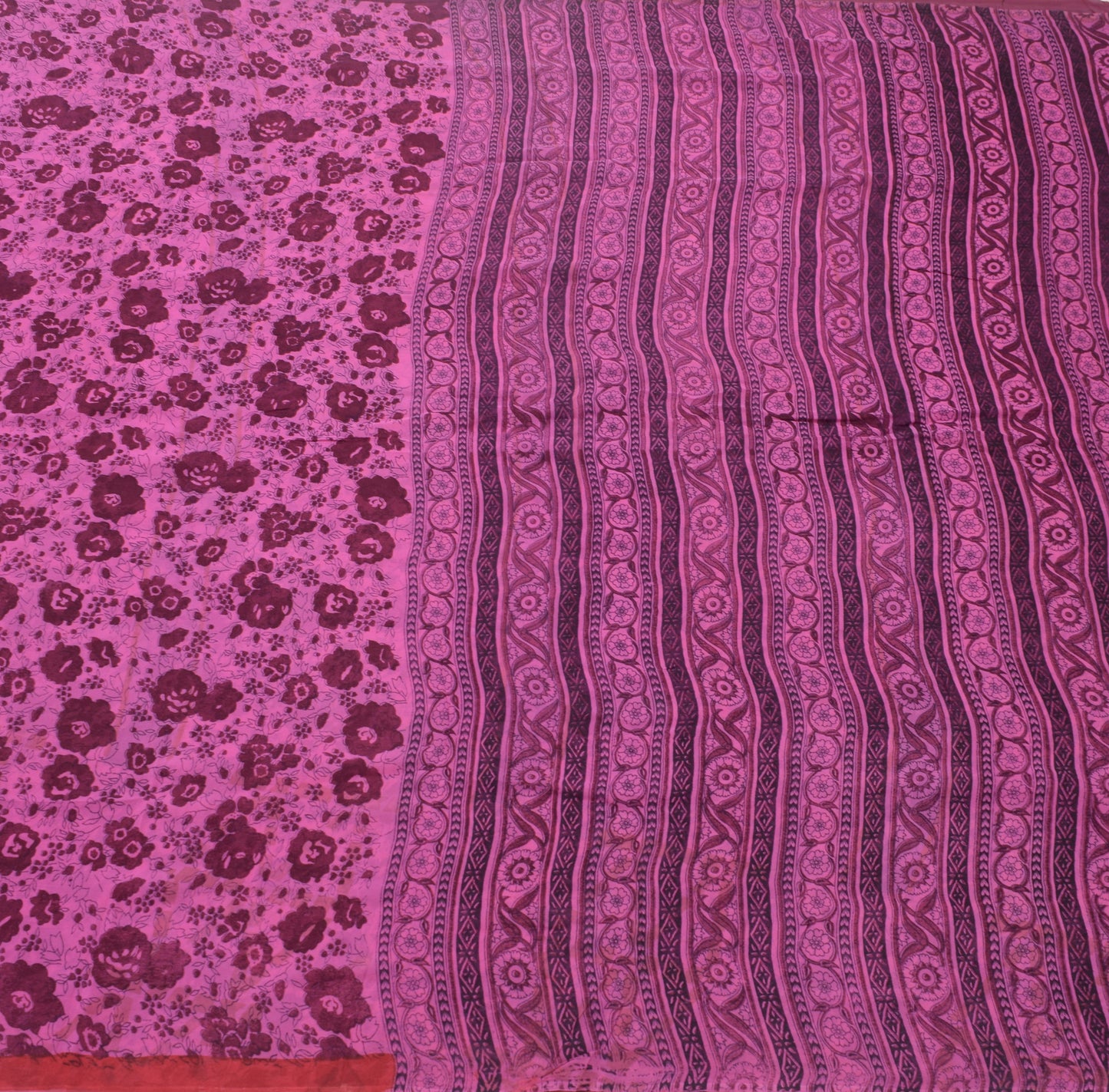 Sushila Vintage Purple Saree 100%Pure Georgette Silk Printed Floral Craft Fabric