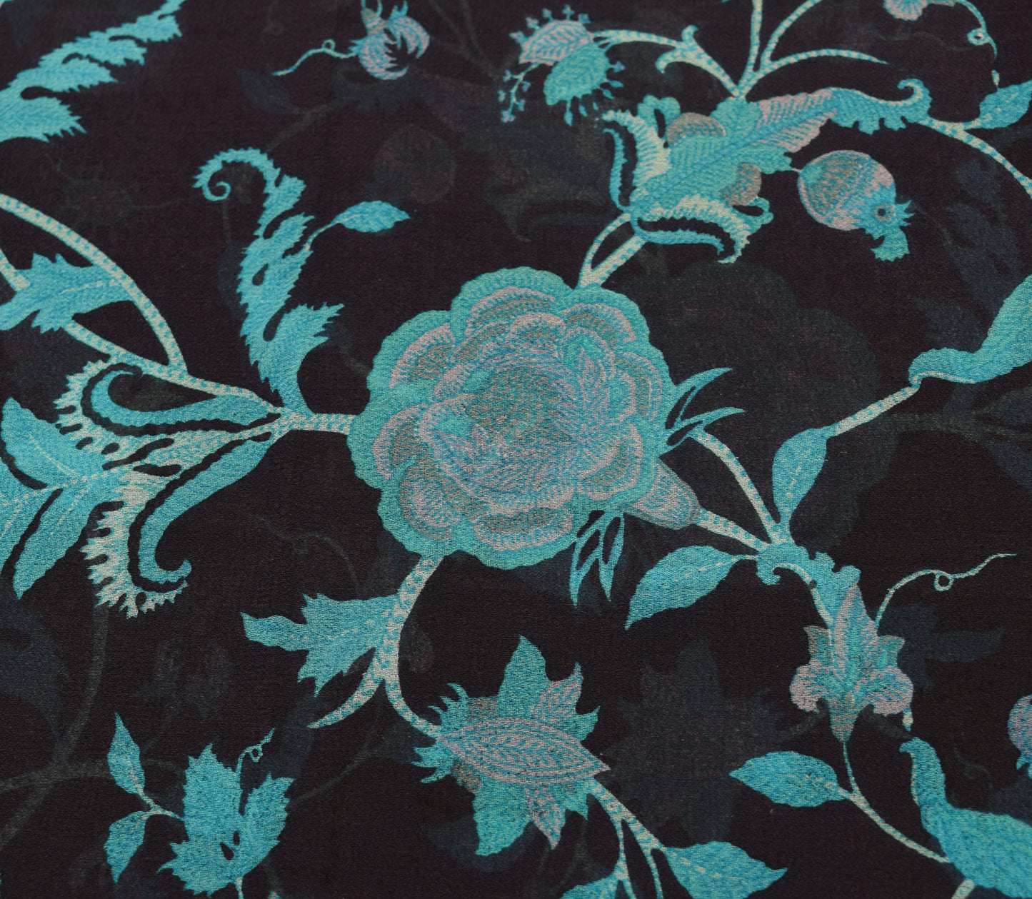 Sushila Vintage Saree 100% Pure Georgette Silk Printed Black Floral Craft Fabric